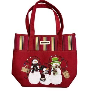 Longaberger Holiday Snowman Tote Bag Red Striped‎ Canvas Christmas Embroidered